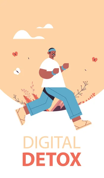 Afro americano homem running guy gastando tempo sem gadgets digital desintoxicação saudável estilo de vida conceito abandonando internet e redes sociais completo comprimento vertical vetor ilustração — Vetor de Stock