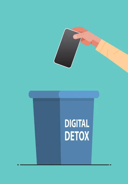 Menschliche Hand wirft Smartphone in Urne: Digitale Detox-Reste aus Gerätekonzept — Stockvektor