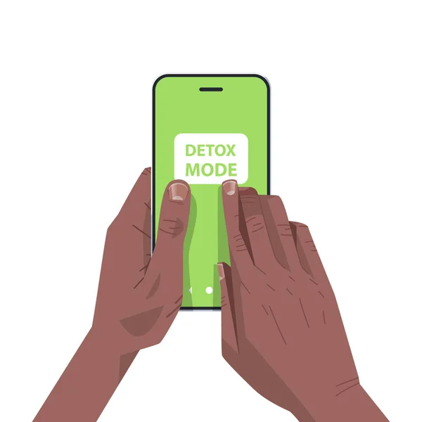 Menselijke handen druk op detox-modus op smartphone scherm digitale detox verlaten internet sociale netwerken — Stockvector