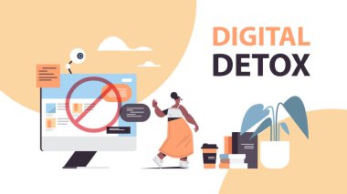 Kadın avuç içi dijital detoks konseptiyle jesti durduruyor kız interneti ve sosyal ağları terk ediyor