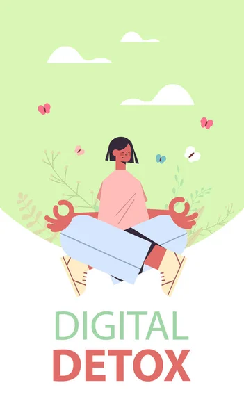 Mujer sentado loto pose digital desintoxicación actividades fuera de línea concepto chica pasar tiempo sin gadgets — Archivo Imágenes Vectoriales