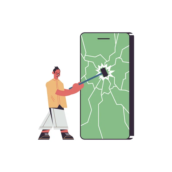 Mann schlägt mit Hammer auf Smartphone-Bildschirm ein — Stockvektor