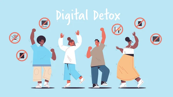 Mix race people having fun gadgets in prohibition signs digital detox offline activities concept — Stockvektor