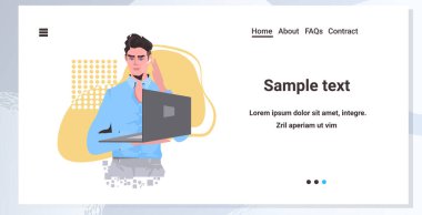 İş adamı dizüstü bilgisayarcı adam modelini günlük moda erkek çizgi film karakteri portresiyle tutuyor.