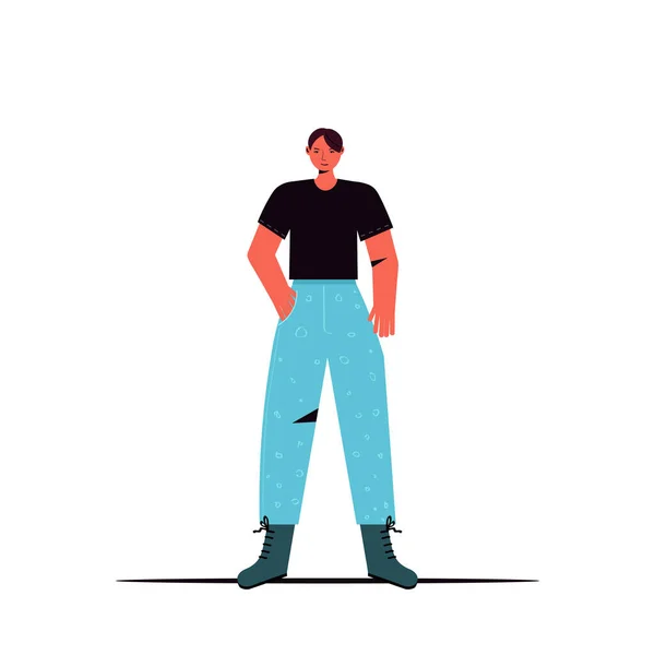 Hombre joven en ropa casual de moda personaje de dibujos animados masculino de pie pose de longitud completa — Vector de stock