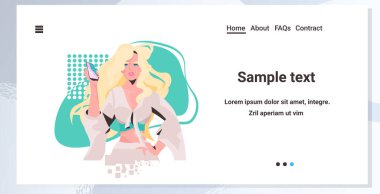 Moda kadını akıllı telefon kullanıyor. Moda kıyafetleri içinde güzel kız model. Kadın çizgi film karakteri portresi.