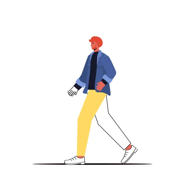 Hombre joven caminando en ropa casual de moda personaje de dibujos animados masculinos longitud completa — Vector de stock
