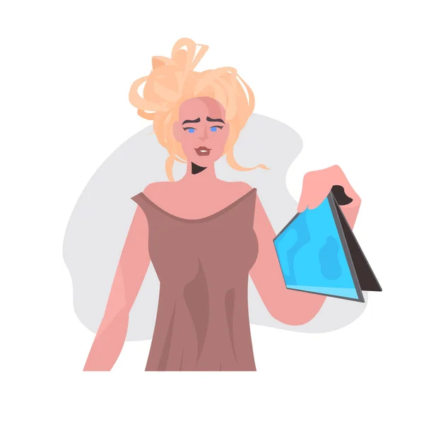 Módní žena pomocí tabletu pc krásná dívka model v módní oblečení žena kreslený postava portrét — Stockový vektor