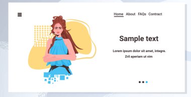 Katlanmış elleri olan çekici bir kadın. Moda elbiseli güzel bir kız model. Çizgi film karakteri.