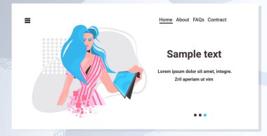 Moda kadını tablet bilgisayar kullanıyor. Moda kıyafetleri içinde güzel bir kız model. Kadın çizgi film karakteri portresi.