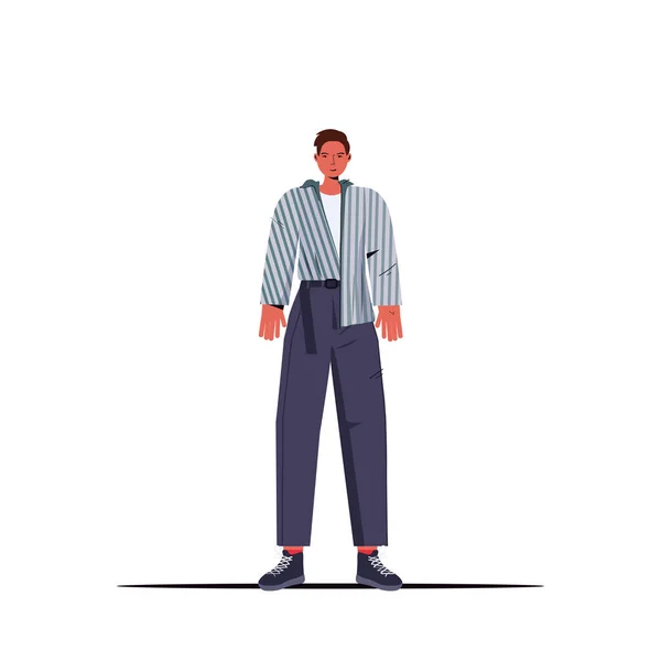 Hombre joven en ropa casual de moda personaje de dibujos animados masculino de pie pose de longitud completa — Vector de stock
