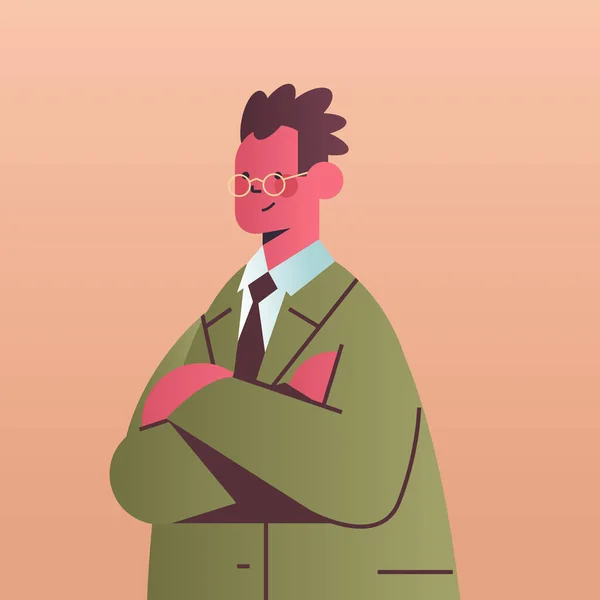Hombre de negocios con las manos dobladas hombre de negocios oficinista en ropa casual retrato de personaje de dibujos animados masculinos — Vector de stock