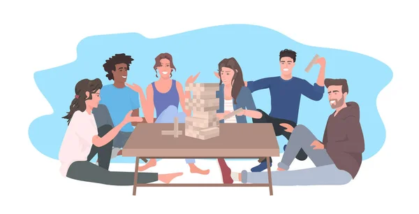 Gente jugando jenga pasar tiempo juntos mezclar raza amigos tener divertido mesa juegos concepto — Archivo Imágenes Vectoriales