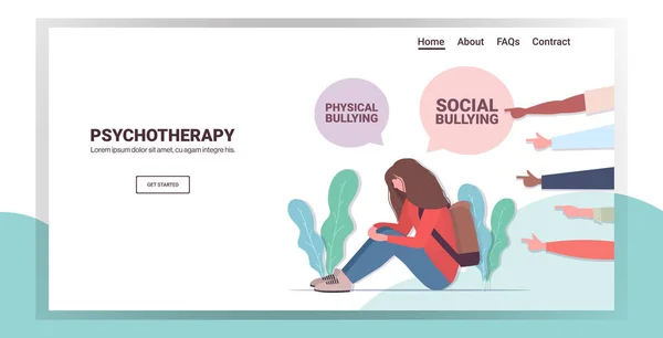 Fingrar pekar på upprörd flicka våld social ångest fysisk mobbning psykoterapi koncept — Stock vektor