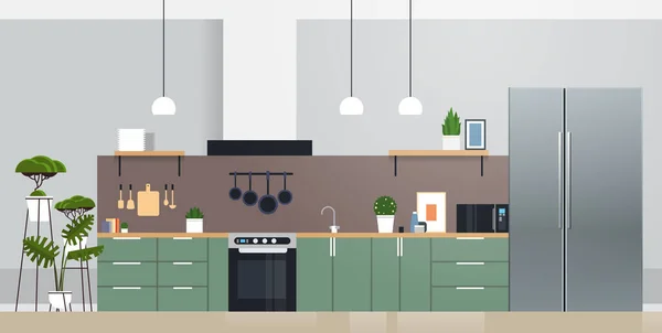 Interior de la cocina moderna con nuevo horno refrigerador y electrodomésticos microvawe concepto — Vector de stock