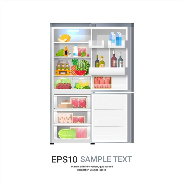 Open koelkast moderne koelkast vol met vers voedsel huishoudapparaat concept geïsoleerd — Stockvector