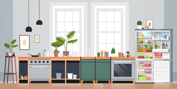 Keuken interieur leeg niemand appartement met open koelkast vol met vers voedsel huishoudelijke apparaten concept — Stockvector