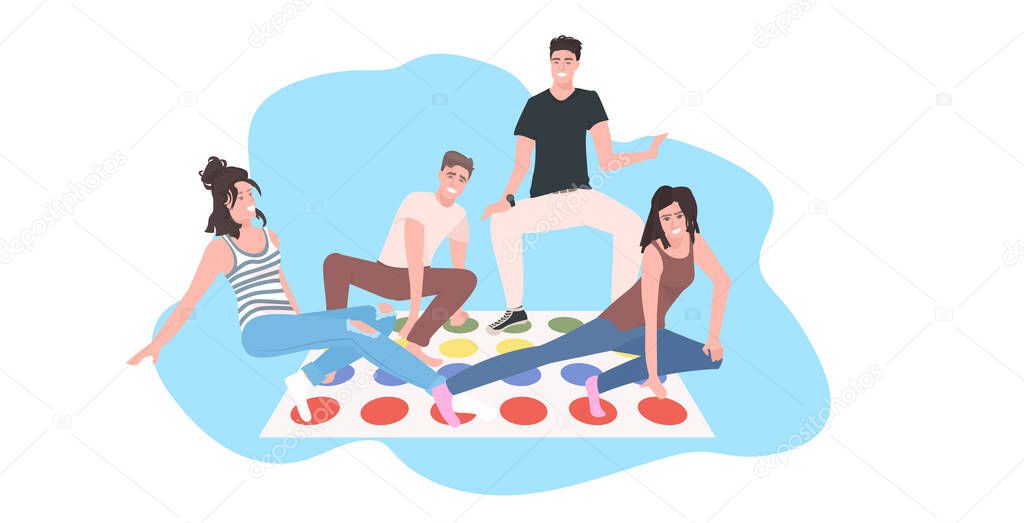 happy friends having fun together people playing twister games at home leisure activity concept