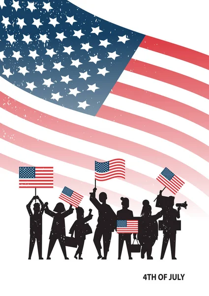 7月4日国庆节，举着美国国旗庆祝独立日的人物形象 — 图库矢量图片