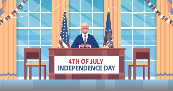 4 luglio celebrazione del presidente degli Stati Uniti che parla alla gente dell'ufficio ovale della Casa Bianca — Vettoriale Stock