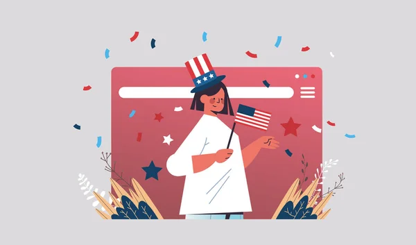 Женщина в окне веб-браузера, держа флаг США празднуя 4 июля американский день независимости концепции — стоковый вектор