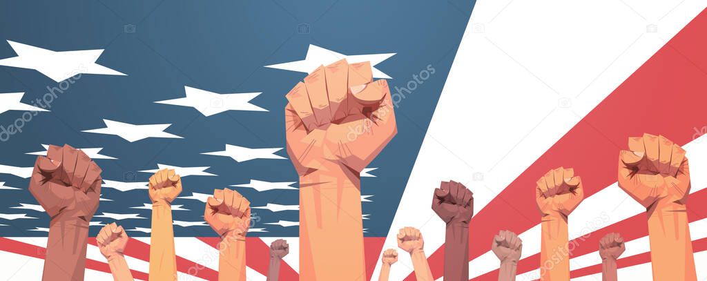 raised up mix race fists over united states flag 4th of july banner independence day holiday concept