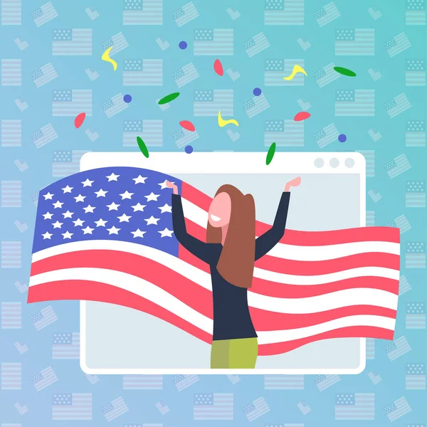 Žena s vlajkou USA slaví 4. červenec ve webovém okně prohlížeče americká oslava dne nezávislosti — Stockový vektor