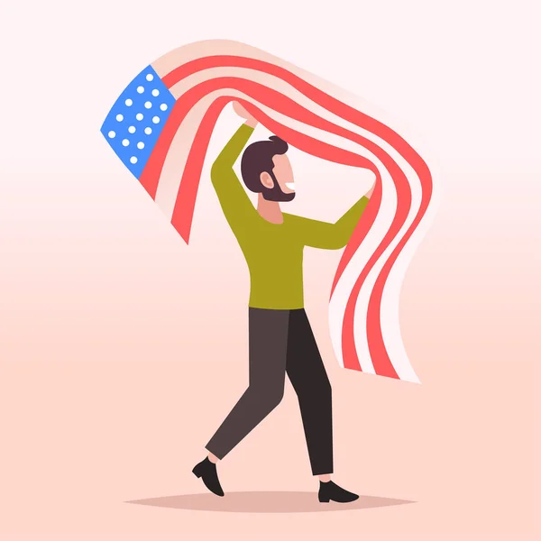 Férfi kezében USA zászló 4. Július amerikai függetlenségi nap ünneplés koncepció — Stock Vector