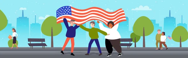 Mix závod lidí s vlajkou USA slaví 4. červenec americká nezávislost den oslavy koncepce — Stockový vektor
