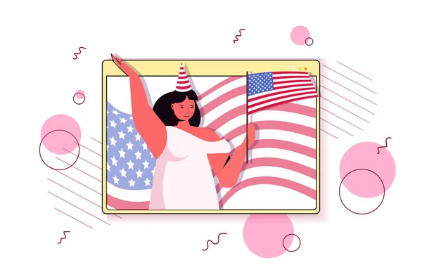 Vrouw in feestelijke hoed houden usa vlag vieren 4 juli Amerikaanse onafhankelijkheid dag concept — Stockvector