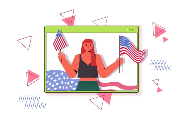 Женщина с флагами США празднует 4 июля День независимости США — стоковый вектор