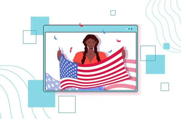 Африканская американка с флагом США празднует День независимости 4 июля — стоковый вектор