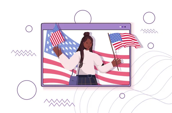 Afrikaans amerikaanse vrouw met Amerikaanse vlaggen vieren 4 juli onafhankelijkheid dag concept — Stockvector