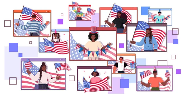 Definir mistura raça pessoas segurando EUA bandeiras celebrando 4 de julho independência conceito do dia — Vetor de Stock