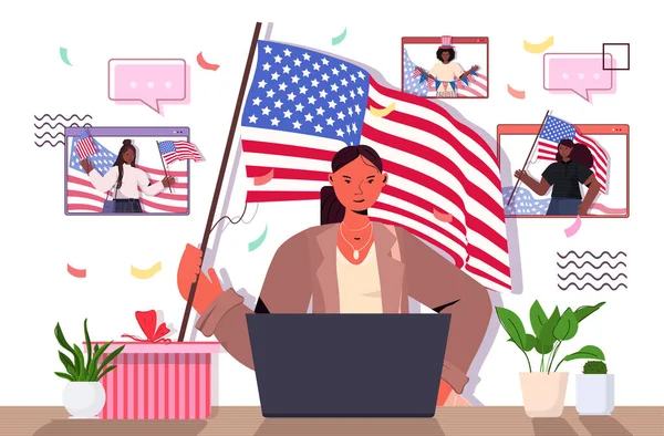 Mujer sosteniendo bandera de EE.UU. celebrando el 4 de julio concepto del día de la independencia de América — Vector de stock