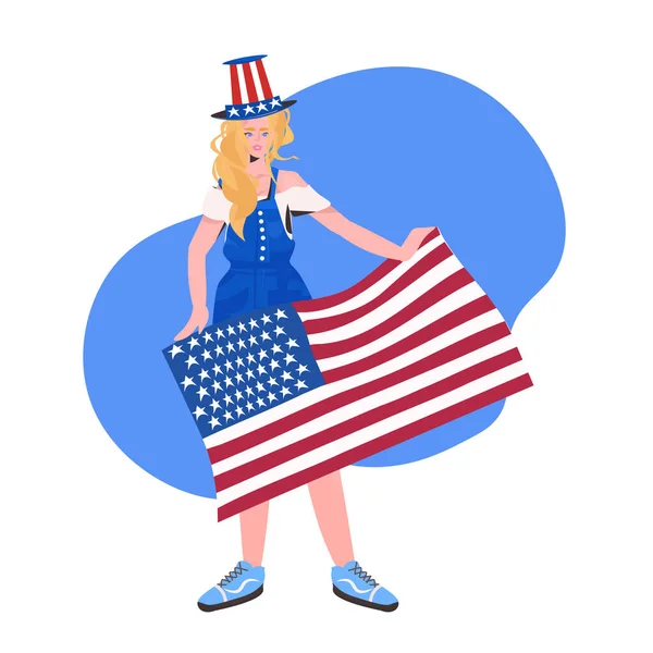 Vrouw in feestelijke hoed met usa vlag 4 juli amerikaanse onafhankelijkheid dag viering concept — Stockvector