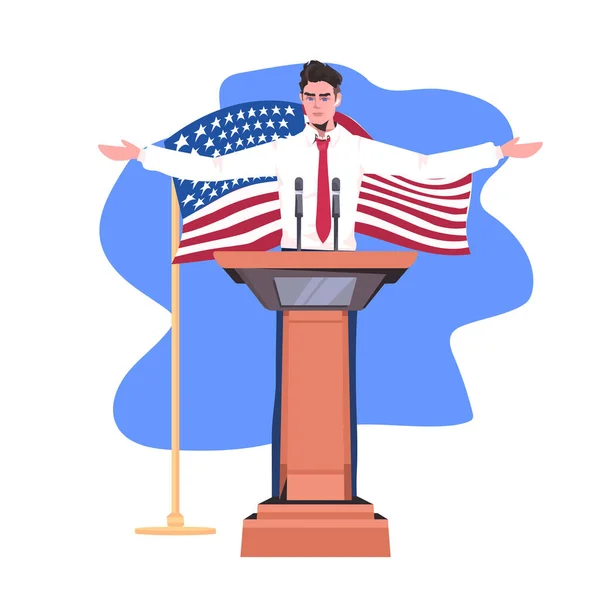 Politikus beszédet mond a tribunusból az USA zászlajával július 4-én az amerikai függetlenség napja alkalmából. — Stock Vector