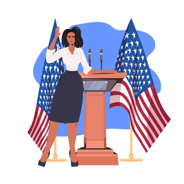 Женщина-политик выступает с речью с трибуны с флагом США 4 июля День независимости США — стоковый вектор