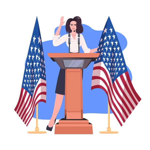 Femme politique faisant discours de tribune avec drapeau des Etats-Unis 4 juillet fête de l'indépendance américaine — Image vectorielle