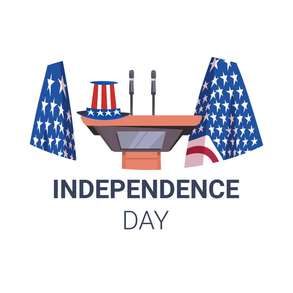 Tom ingen podium högtalare tribun med usa flaggor och festlig hatt amerikanska självständighetsdagen firande — Stock vektor
