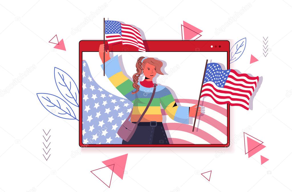 woman holding usa flags celebrating 4th of july american independence day concept