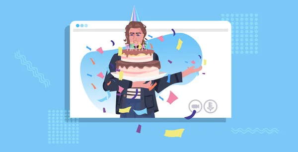 Homme en chapeau festif célébrant en ligne partie gars dans la fenêtre du navigateur web tenant anniversaire gâteau célébration — Image vectorielle