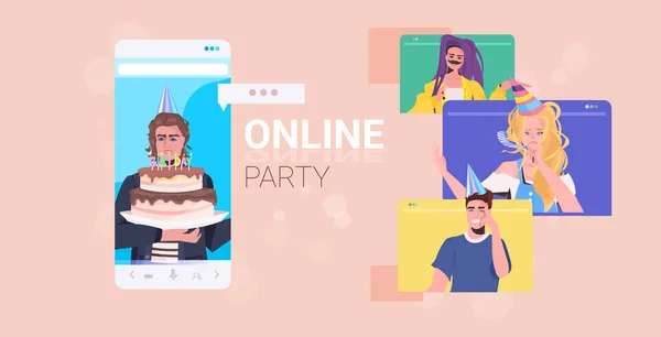 Люди, празднующие онлайн-вечеринку друзей, имеющие виртуальное удовольствие праздник концепции — стоковый вектор
