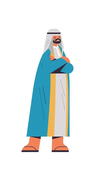 Arabische man in traditionele kleren arabische zakenman met gevouwen handen staande pose mannelijke cartoon karakter — Stockvector