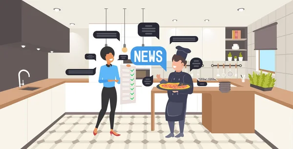 Garçonete e cozinheiro chef discutir notícias diárias bate-papo bolha conceito de comunicação —  Vetores de Stock