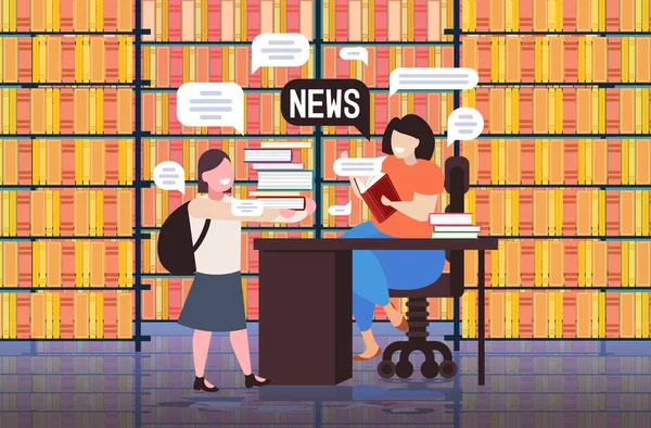 Colegiala y profesor discutir noticias diarias chat burbuja comunicación concepto moderno biblioteca interior — Vector de stock