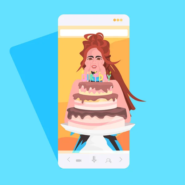 Pasta tutan kadın online doğum günü partisi konseptini kutluyor. — Stok Vektör