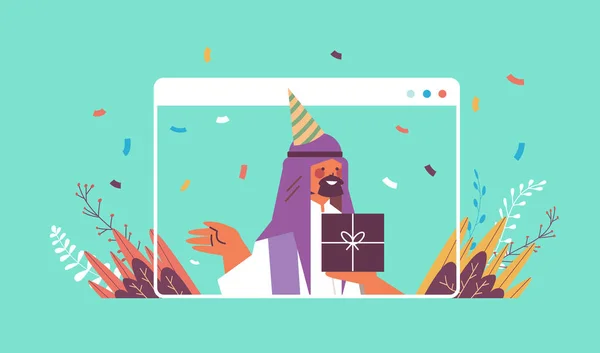 Arabe homme en chapeau festif célébrant fête d'anniversaire en ligne célébration auto isolement concept de quarantaine — Image vectorielle