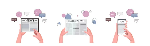 Набір рук за допомогою l гаджетів читання щоденних новин онлайн-газети преса медіа чат бульбашка зв'язку — стоковий вектор