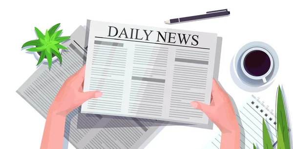 Mänskliga händer läsa tidningen dagliga nyheter press massmedia koncept arbetsplats skrivbord top angle view — Stock vektor